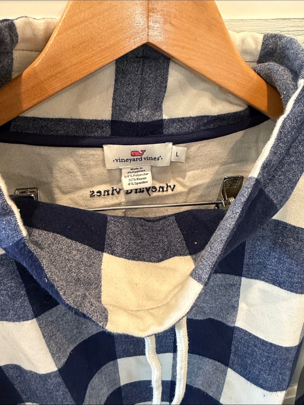 Vineyard Vines Navy and White Buffalo Check Hooded Pullover - Picture 2 of 4